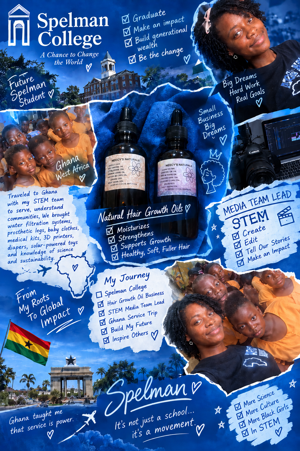 Spelman College collage of Dia's journey — Ghana service trip, STEM media team, and Neecy's Naturals hair growth oils